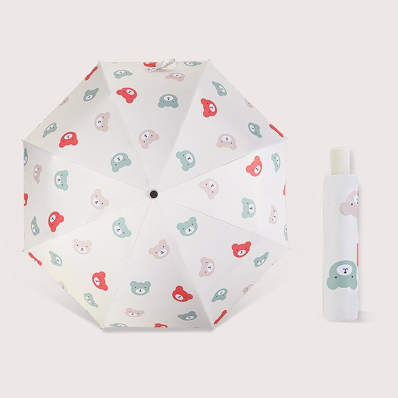 Three-fold Umbrella Lovely Bear Sunny and Rainy Umbrella for Women Girl Kids Black Rubber Reinforced Folding Automatic Umbrellas