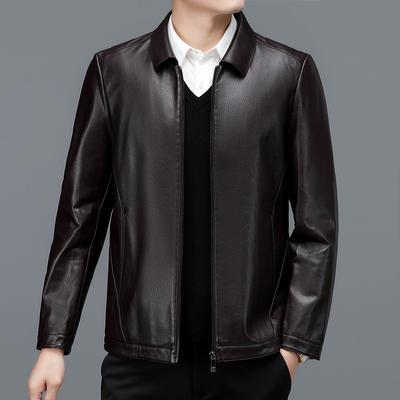 Мужская кожаная куртка с лацканами для мужчин среднего возраста большого размера, повседневная одежда для папы, свободное пальто средней длины, куртка из овчины