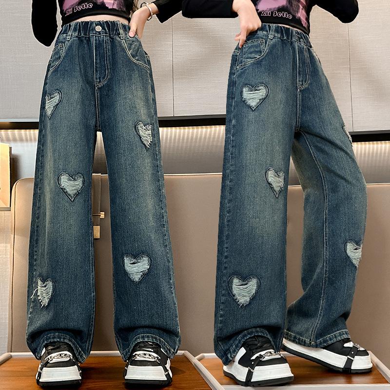 Детские рваные джинсы в корейском стиле для девочек-подростков с сердечками, модные подростковые джинсовые брюки с высокой талией, длинные брюки