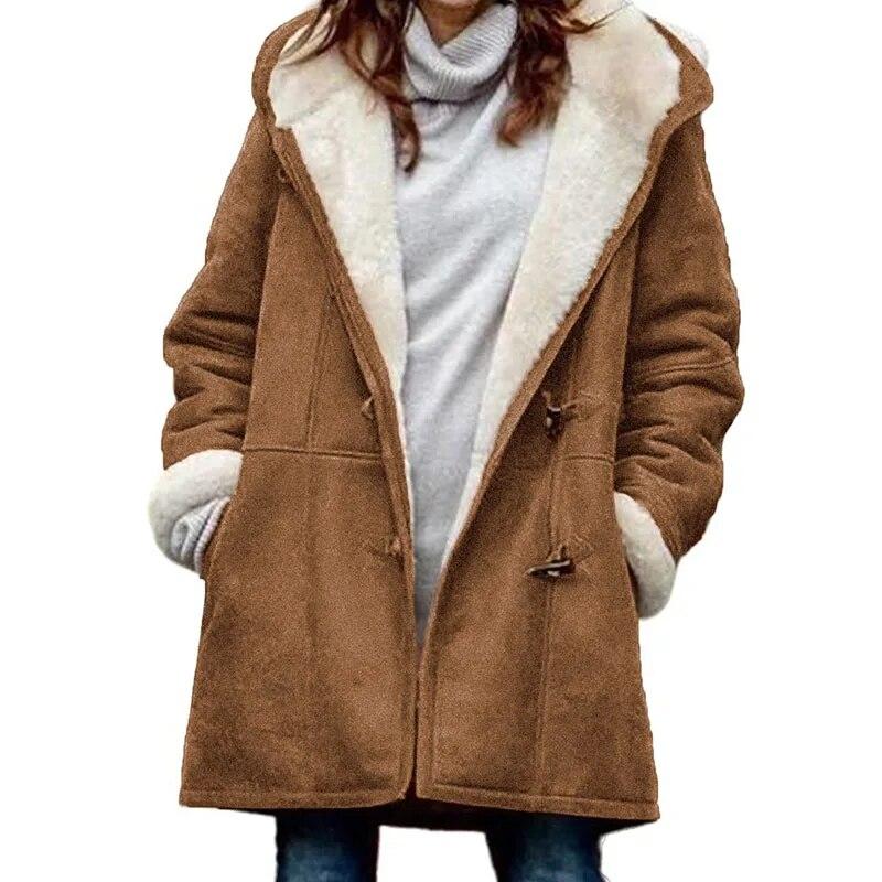 Winter Fashion Warm Thickened Long Sleeved Cowhide Button Womens Coat With Hat Casual Velvet Solid Ladies Outwears 30431
