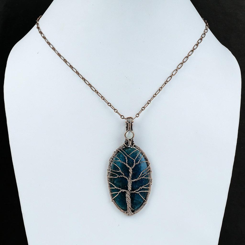 Tree Of Life Neon Apatite Pendant Copper Wire Wrapped Pendant Handmade Unique Pendant Rainbow Moonstone Pendant Gemstone Copper Wire Jewelry