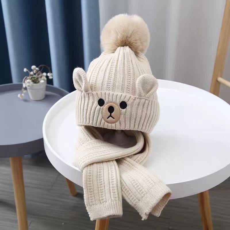 Autumn and Winter Children's Hat Boy Bear Wool Hat Girl Knitted Cotton Warm Baby Hat Scarf Two-piece Set