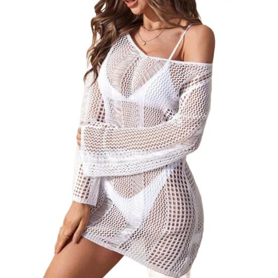 Женский купальник крючком накидка с длинным рукавом прозрачный трикотажный пляжный купальник женский сексуальный ажурный топ-туника с открытой спиной для летнего отпуска