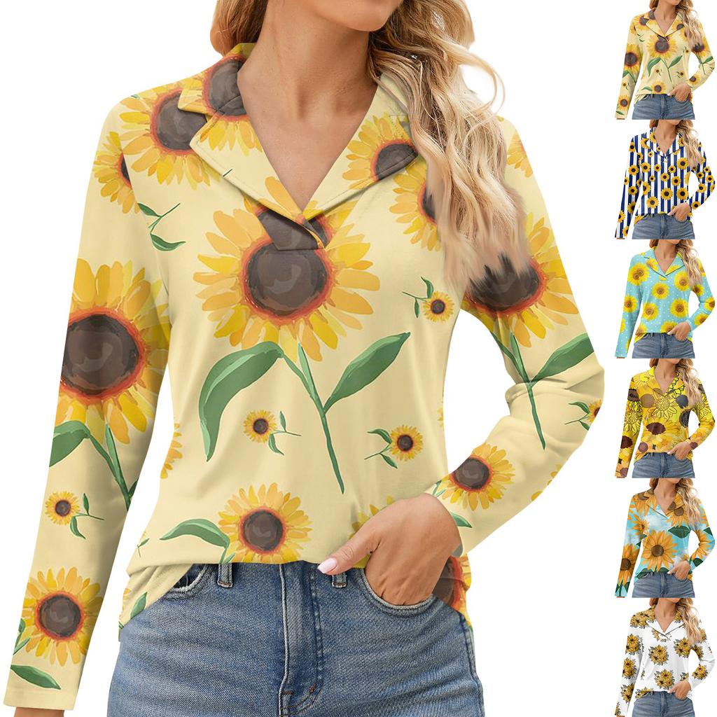 Women's Fashion Leisure Long Sleeve V Neck Flower Printing Top