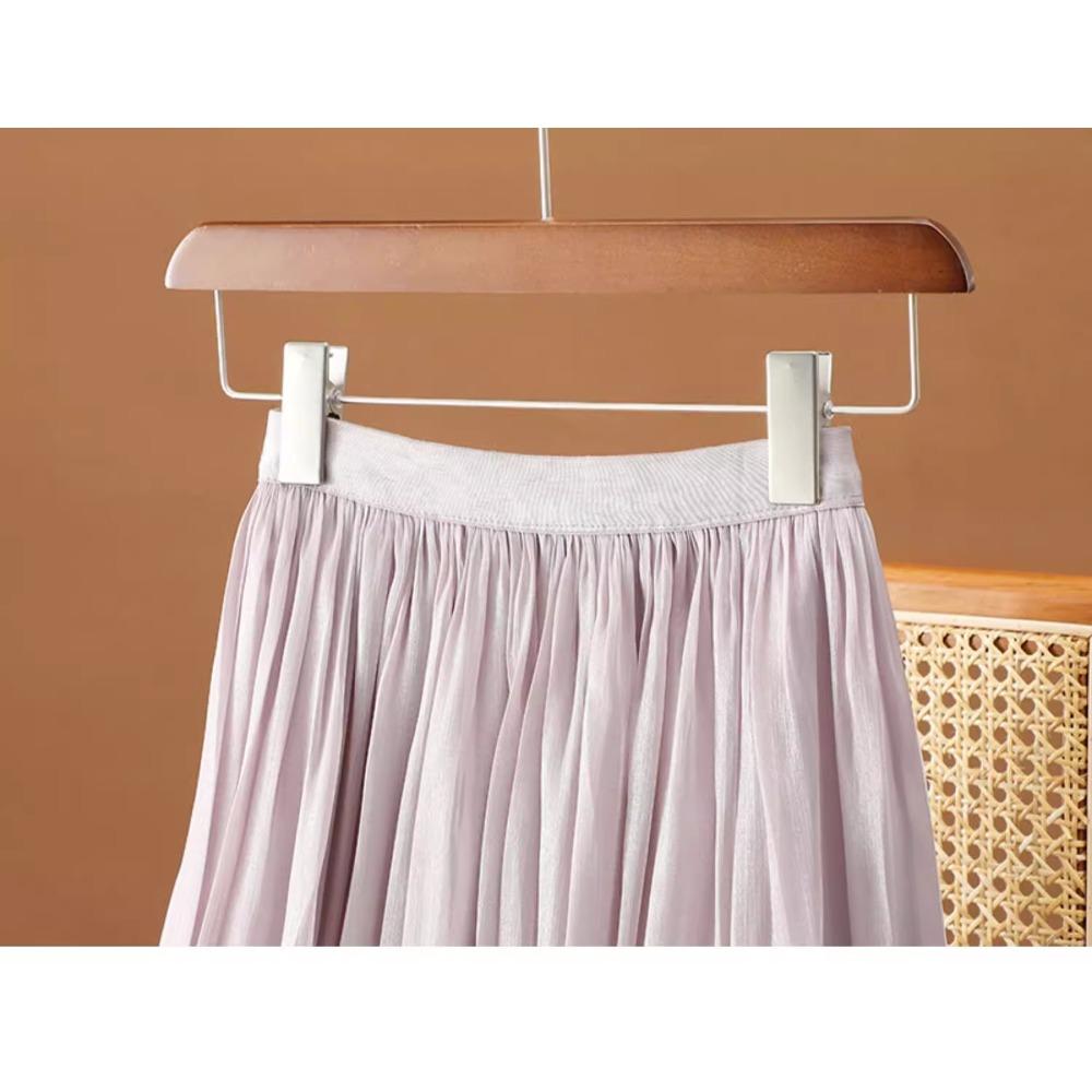 Dimanaf 2025 Summer Women New Skirts Solid Elastic Waist Pleated Mesh Elegant Skirts