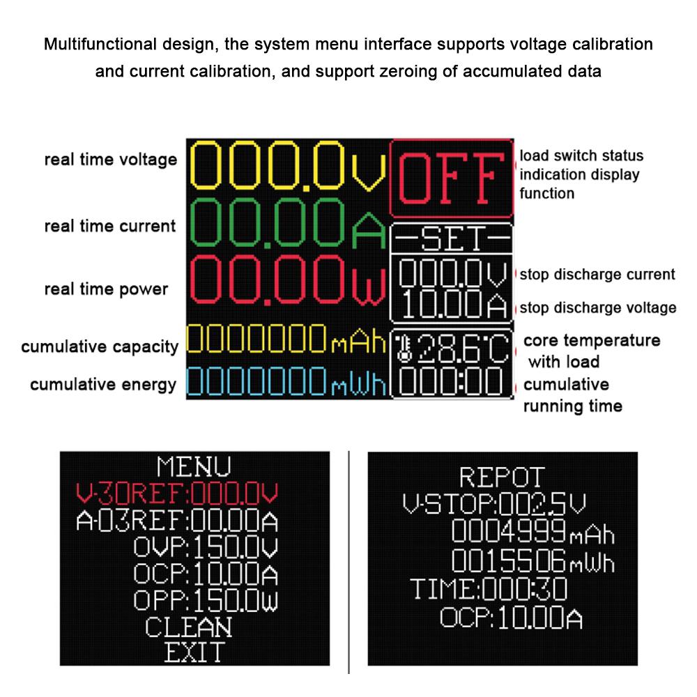Электронная нагрузка 150 Вт, 10 А, 1,77-дюймовый цветной TFT-дисплей, измеритель старения батареи, напряжение, ток