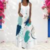 Women Plus Size Scoop Neck Strappy Sleeveless Blue White Printed A Line Long Dress