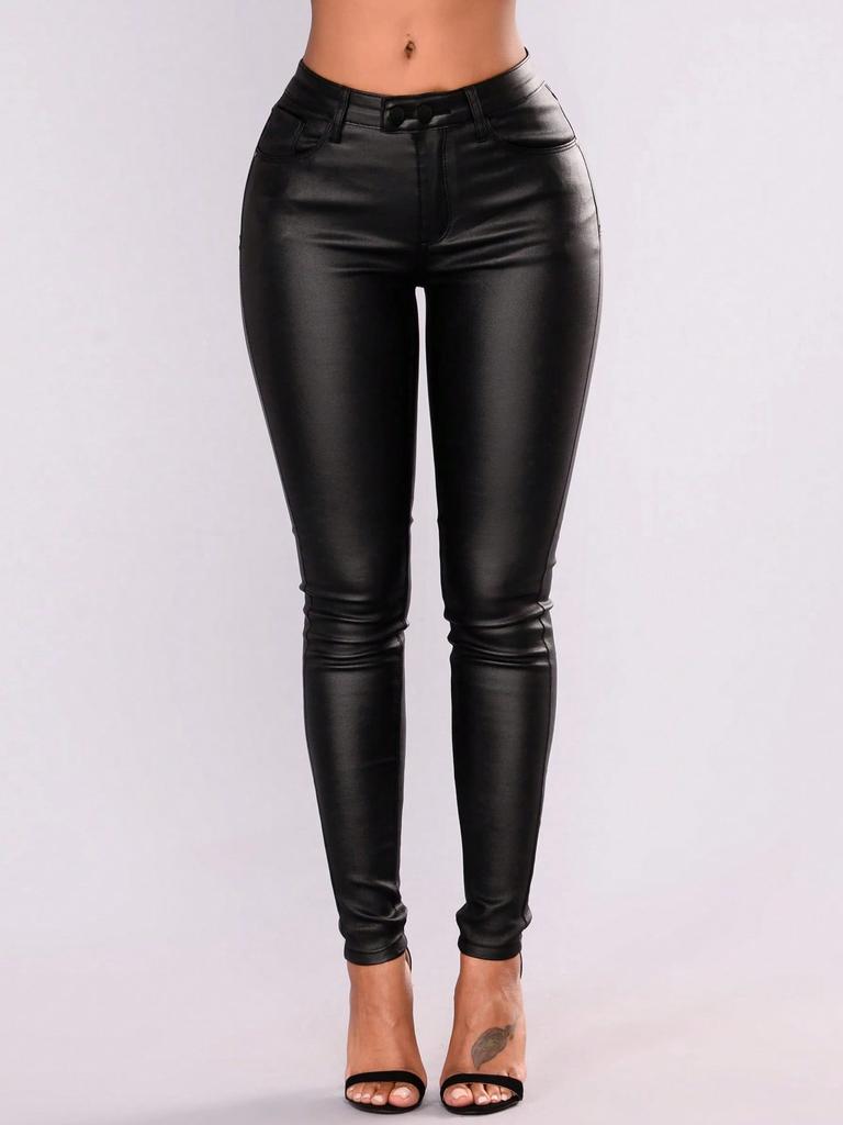 Rose Beauty A Women High Waist PU Leather Skinny Pants Elastic Pencil Tight Trousers