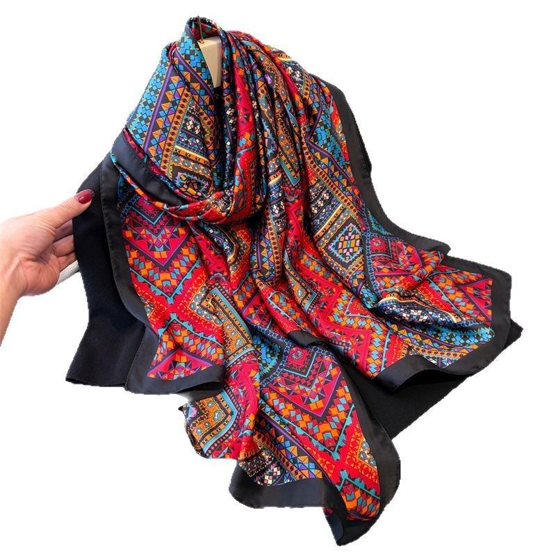 Literary Retro Printing Simulation Silk Brocade Fashion Sunscreen Silk Scarf Long Scarf Silky Shawl Versatile Headscarf Scarf