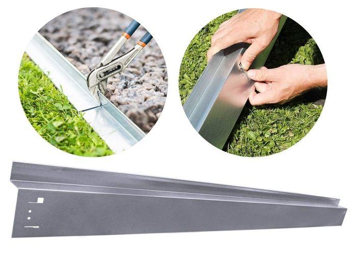 Bordure de gazon en métal avec guide-roue et fixation 9,5 cm x 120 cm, épaisseur 0,9 mm, alliage aluminiumminium-zinc