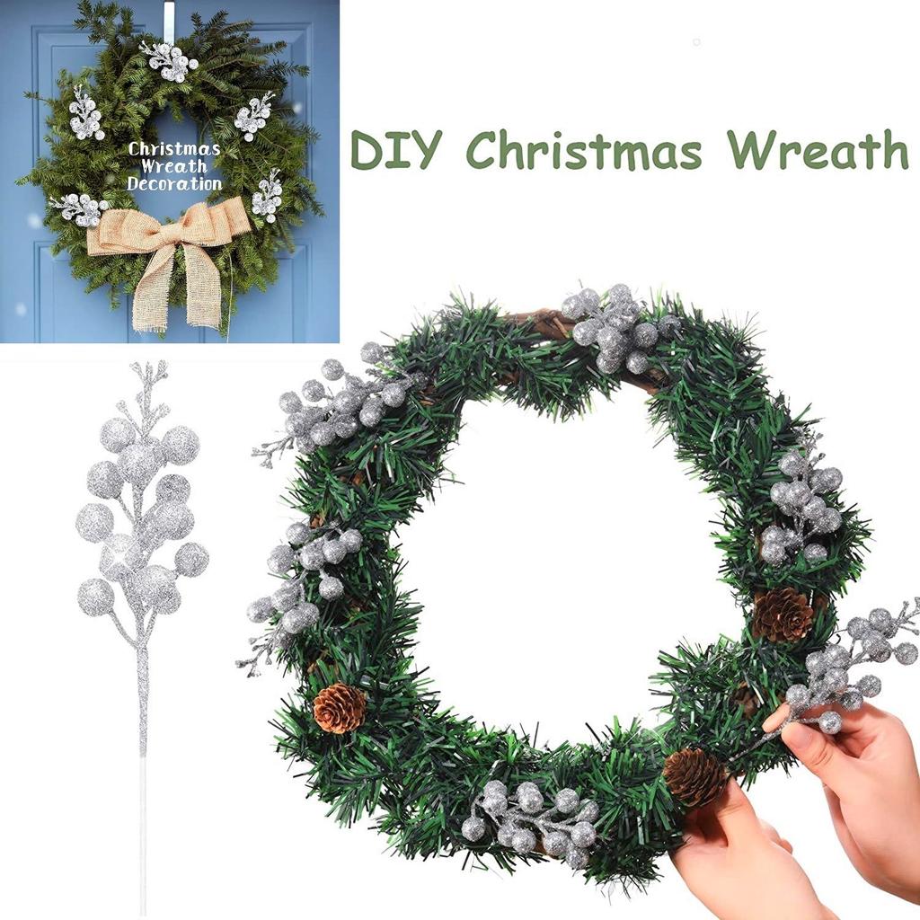 10 шт. Рождественские блестящие стебли ягод Искусственная рождественская симуляция Ягоды падуба Сосновая ветка для украшения рождественской елки Праздничный домашний декор KTY