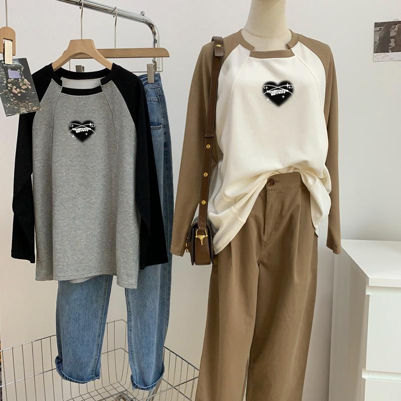 Женская футболка с длинным рукавом и контрастными плечами, женская свободная футболка на весну и осень