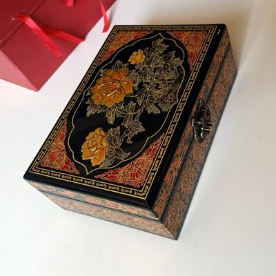 Деревянная лакированная шкатулка для хранения украшений, расписанная вручную шкатулка для украшений, двухслойная шкатулка для украшений