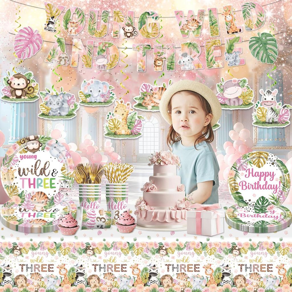 138pcs Young Wild and Three Party Decorations Plate, Safari Wild and Three Party Decorations Plate Napkins Tablecloth Banner for Jungle Young Wild