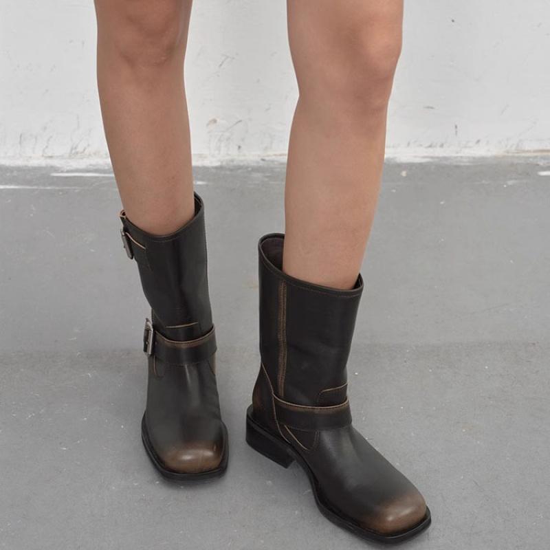 Retro Style Buckle Western Cowgirl Boots Women Round Toe Platform Knee High Boots Woman Brown Leather Square Heels Long Botas
