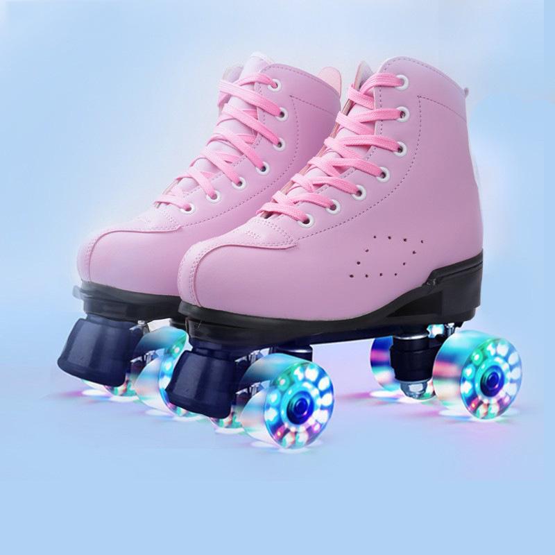 Adult Men's and Women's Double Rows of Leather Models Green Skates Four Roller Skates Pink Purple Flash Wheel Double Rows of Roller Skates