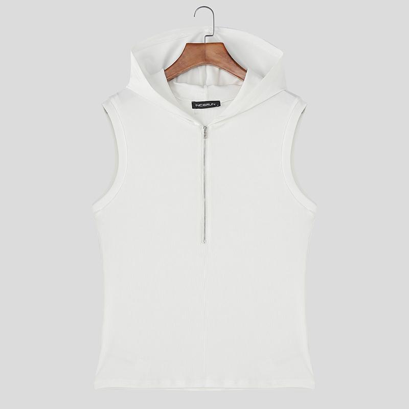 INCERUN Мужские безрукавные повседневные худи-майки в рубчик на молнии