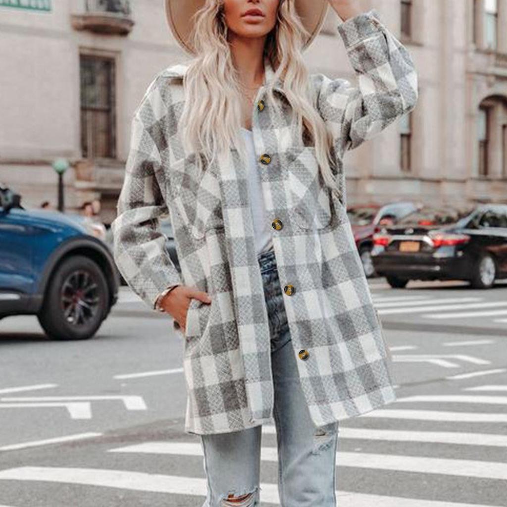 Women's And Winter Plaid Color Block Patchwork Coat With Pockets Lapel Classic British Style Tweed Coat