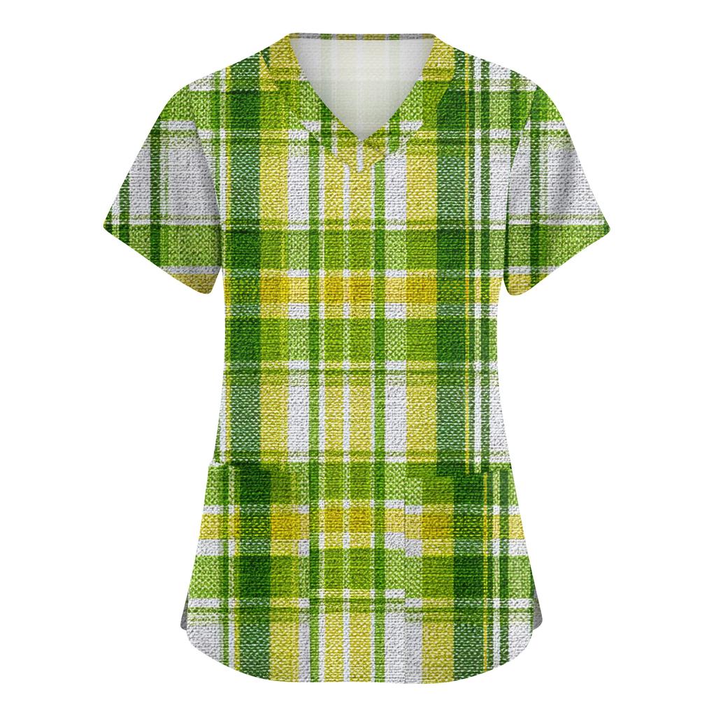 Ladies' St. Patrick Print Fashionable V-neck Pocket Short Sleeved  Uniform And Caregiver Top
