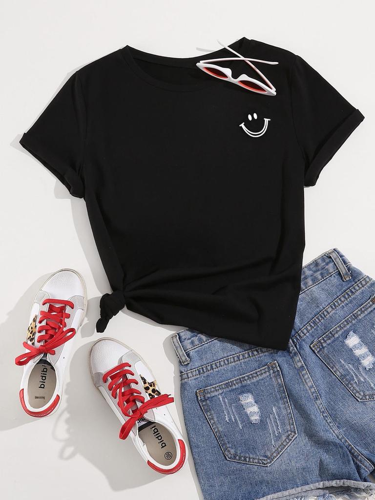 Женская футболка из чистого хлопка с принтом смайлика, с коротким рукавом и круглым вырезом - Европейский и американский стиль