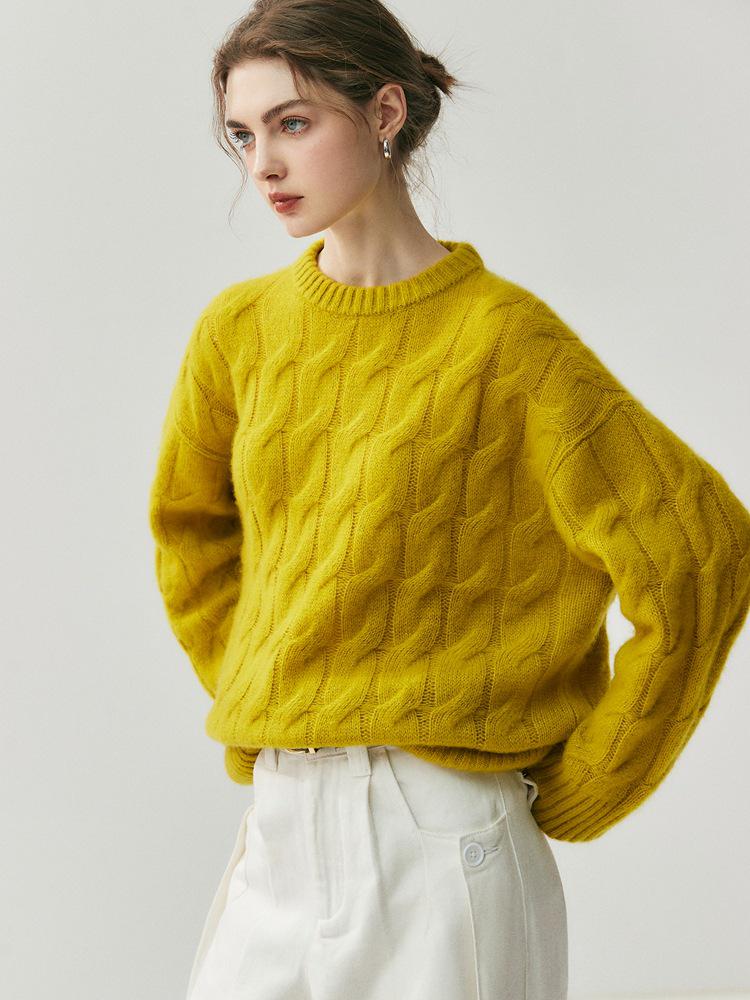 Женский пуловер из тяжелого кашемира крупной вязки «косы» - осенне-зимний свитер с длинным рукавом и круглым вырезом