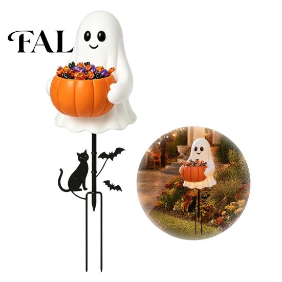 Sturdy Resin Ghost Candy Container Halloween Holder Garden Stake, Cute Glowing with Pumpkin Bowl, Outdoor Lawn Decor Yard Sign for Front Porch, Lawn,