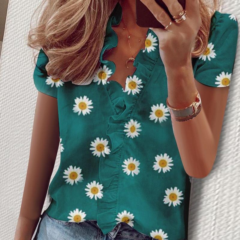 Модные рубашки с коротким рукавом и V-образным вырезом больших размеров для женщин, летние топы, элегантные повседневные свободные блузки с цветочным принтом, женская приталенная рубашка на пуговицах 26379