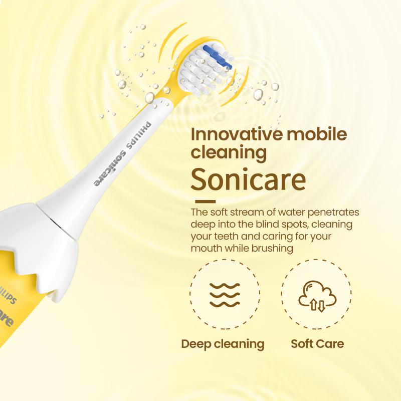 Philips Детская электрическая зубная щетка национального стандарта HX2472/01, желтая модель с двумя шестернями, модель Sally Chicken Joint, с 2 головками щетки, 1 основанием