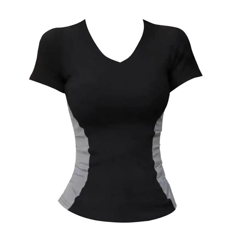 Модная женская футболка Skinny Slim Базовая Пэчворк Летняя Сексуальная Короткий рукав V-образный вырез Футболка Повседневная футболка Женская
