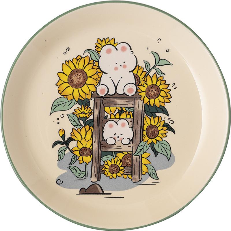 8,2-дюймовая обеденная тарелка с изображением кролика из мультфильма, керамическая роспись, сервировочные блюда, поднос для десерта с изображением кролика-цветка, салатная тарелка, безопасная для использования в микроволновой печи