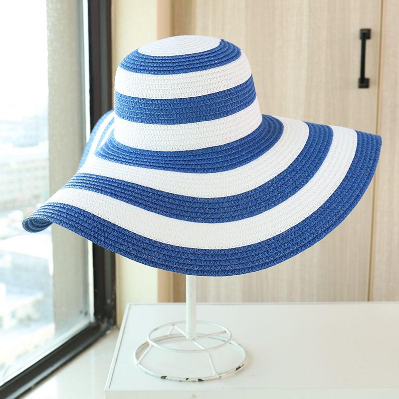 New Women's Beach Straw Hats Girls Outdoor Striped Patchwork Straw Sun Hats Visor New Summer Adult Flap Large Brim Cap Gorras