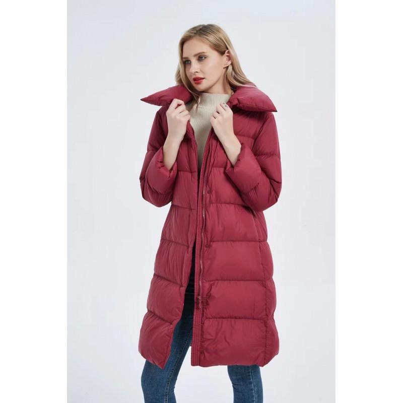 Womens Mid-Length Winter Down Coat With Large Lapel White Duck Fill 81-85% Content Slim Straight Fit