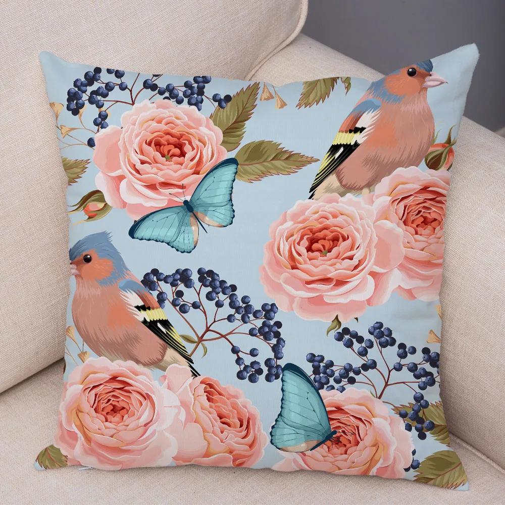 Nordic Style Rose Flower And Birds Pillow Case Cushion Cover For Car Sofa Super Soft Plush Decor Flower Plant Animal Pillowcase
