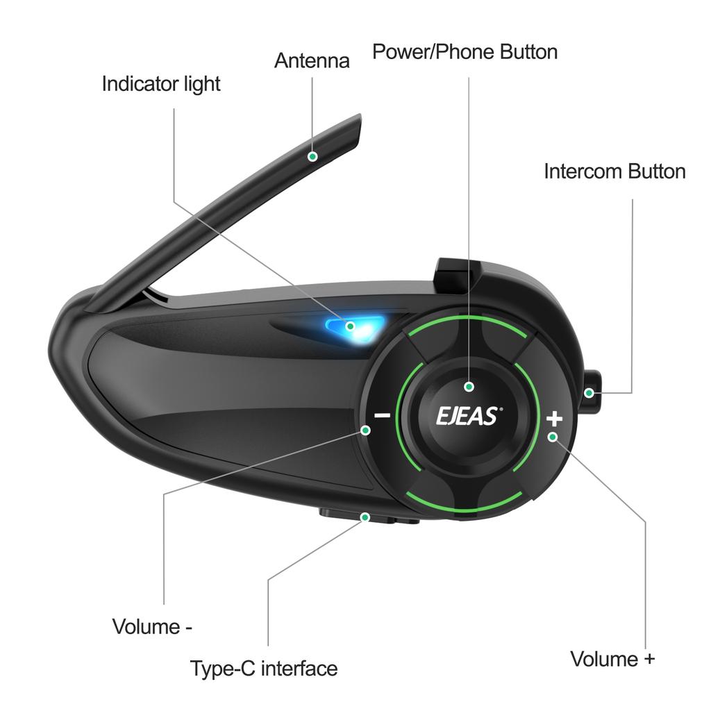 EJEAS Q8 Bluetooth 5.1 Гарнитура-интерком для мотоциклетного шлема, с дистанционным рацией EUC, для 6 райдеров, говорящих в реальном времени, IP67