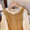 Mori Style Retro Lace Puff Sleeve Chiffon Blouse & Knitted Sweater Vest Set