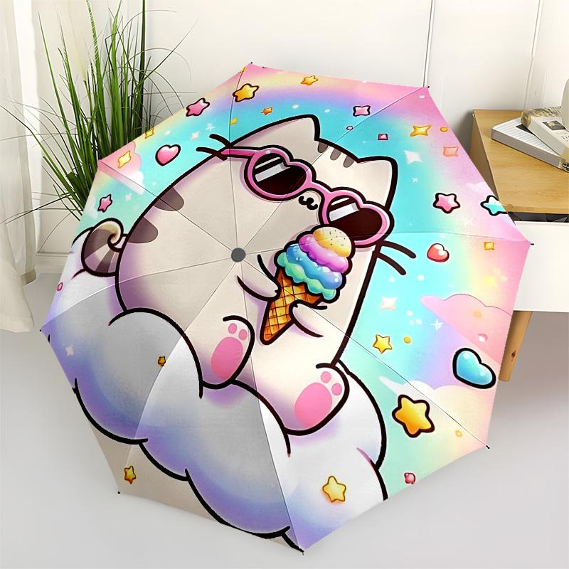 Kawaii Cat, Ice Cream DreamThemed Automatic Opening and Closing umbrella 8 Ribs, Suitable for Leisure and Going Out, Outdoor Accessory, Go