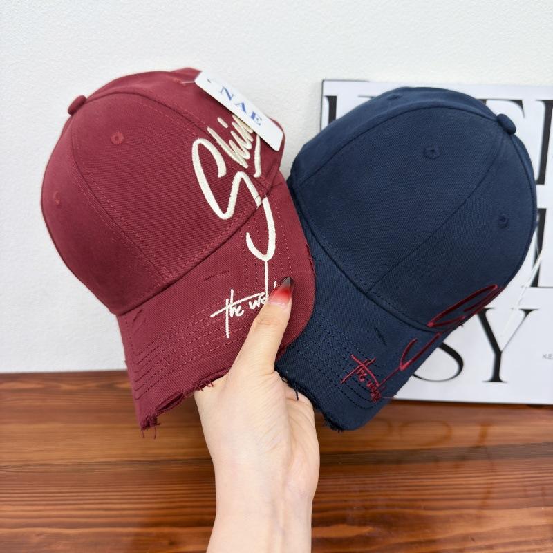 New embroidered letter ripped hat women's cap shading wide brim showing small face big head circumference hard top baseball cap men