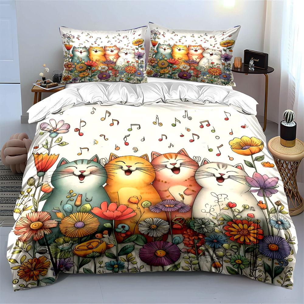 Cute Cats Singing in Flowerfield Bedding Set for Kids Luxury Gift 3pcs Digital Print Comforter Set Soft Comfortable Breathable