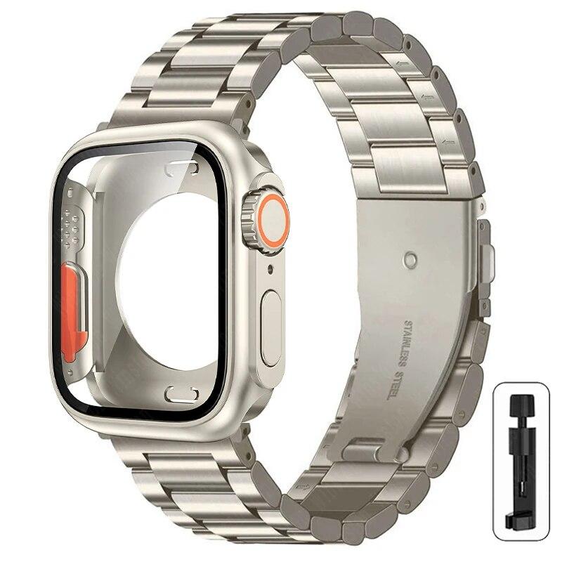 Ремешок+корпус из нержавеющей стали для Apple Watch 44мм 45мм 41мм 40мм Улучшенный ТПУ корпус Iwatch Series 9 8 7 6 SE 5 4 Металлический браслет