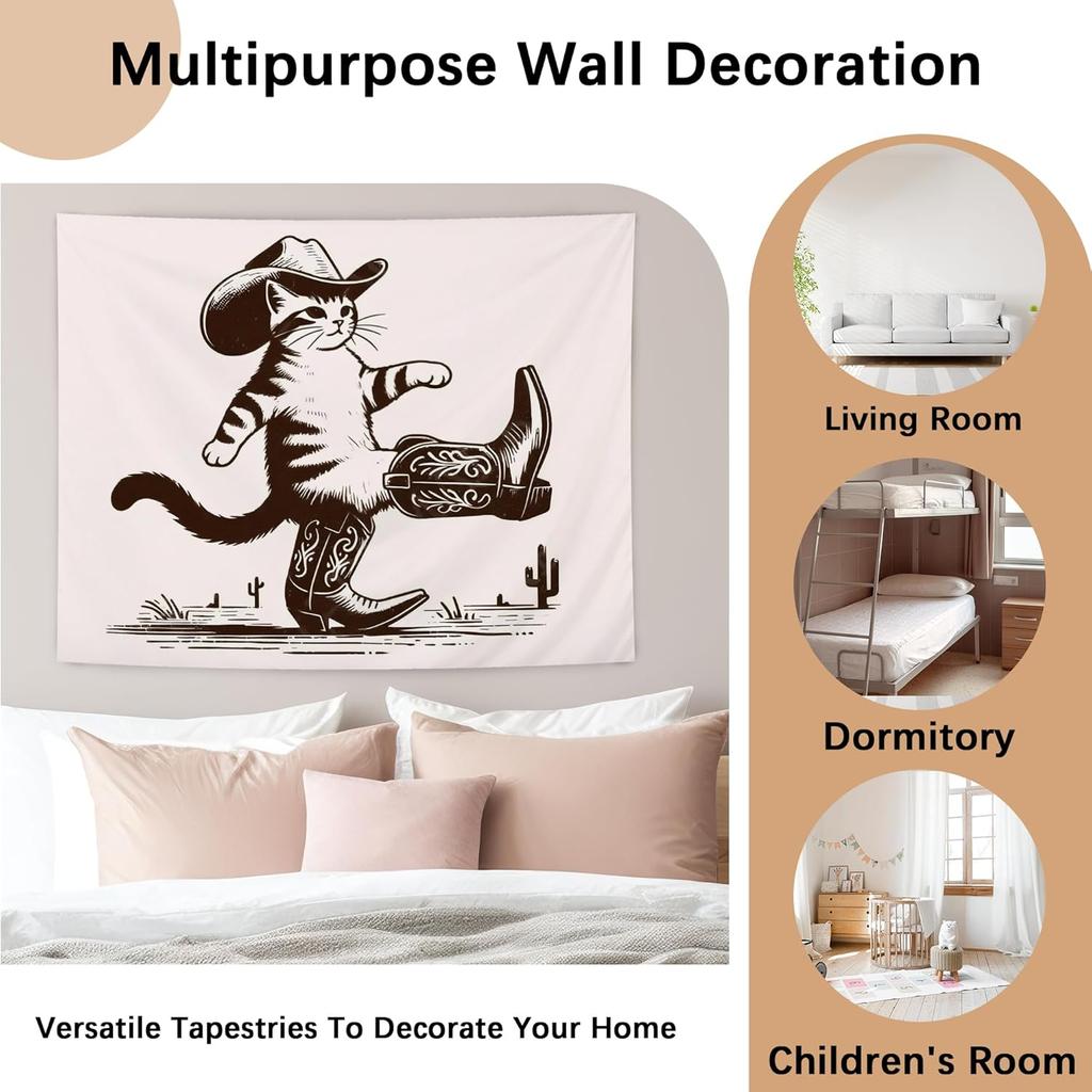 NATSUNO Western Tapestry, Funny Western Cowboy Cat Wall Tapestry for Bedroom, Retro Wild West Country Cat Tapestries Wall Hanging for Home Bedroom