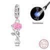 925 Silver Pink Love Series Charm Love Cube Little Bear Luminous Pendant Fit Original Bracelet Romantic Wedding Jewelry