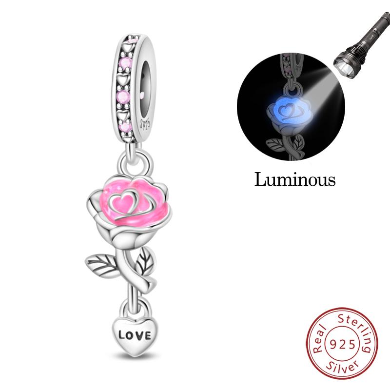 925 Silver Pink Love Series Charm Love Cube Little Bear Luminous Pendant Fit Original Bracelet Romantic Wedding Jewelry