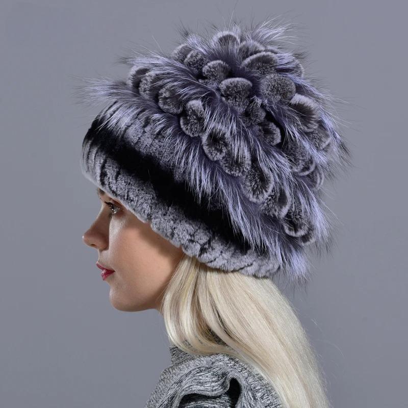 Шапки из натурального меха для женщин Зимняя вязаная из кролика рекс Ручная работа Натуральный мех Теплая Цветочная Элегантная Модная Стильная Шапка для Девочек