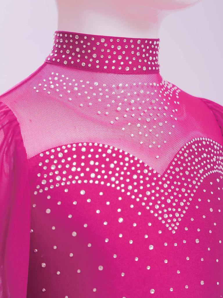 Девочки Сетчатый Танцевальный Топ с Длинным Рукавом, Воротником-стойкой, Вырезом на Спине и Стразами, Укороченный для Лирического Балета