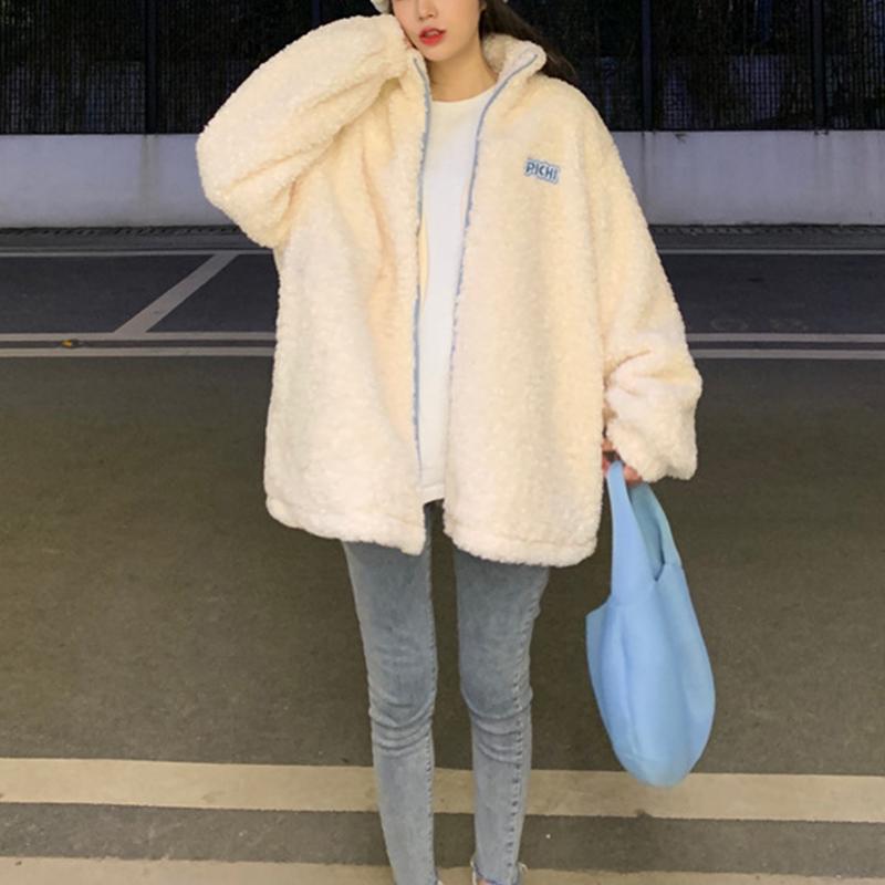 Флисовая куртка на молнии из ягненка, свободный воротник-стойка, женский свитшот больших размеров