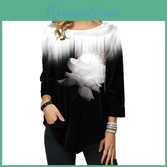 O Sleeve Neck Long Women Asymmetric Tshirt Blouse Floral Print
