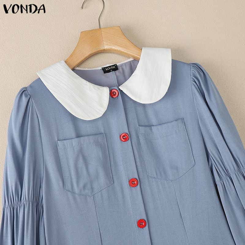 VONDA Элегантное женское платье-рубашка с лацканами, длинным рукавом, пэчворком и рюшами