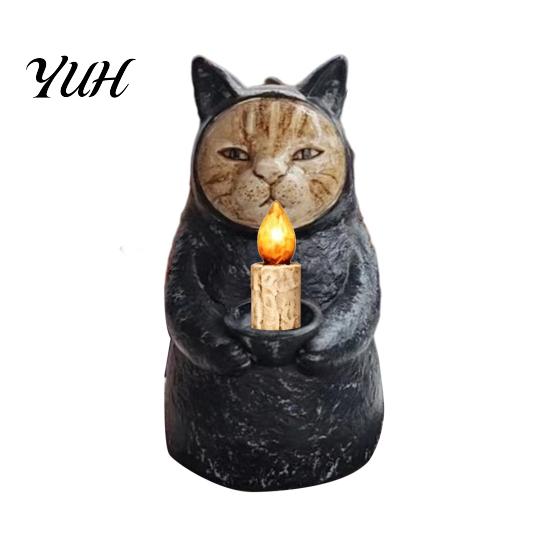 Mysterious Cat Home Decor Hooded Black Resin Figurine, Gothic Statue with Candle Holder, Decorative Ornaments Ornament for Halloween Farmhouse