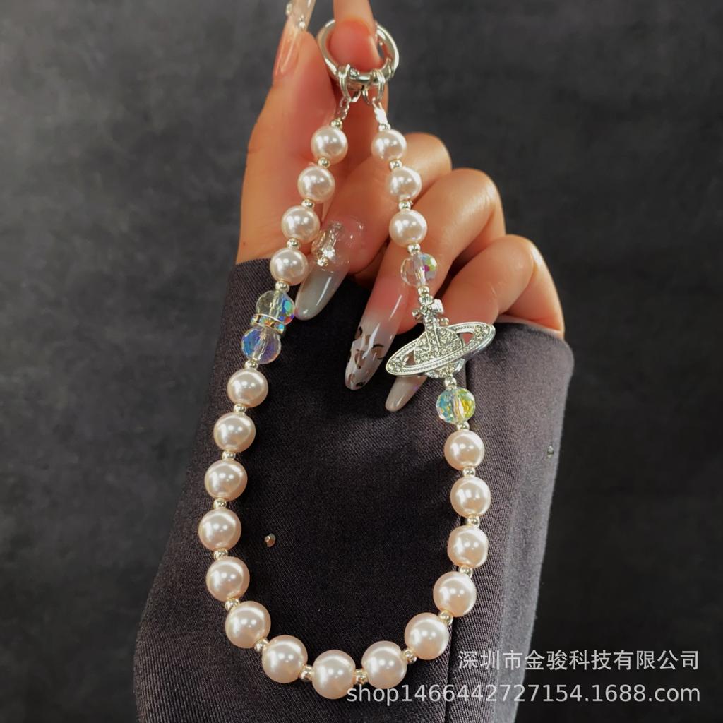 Инкрустированная бриллиантами жемчужная цепочка для телефона, креативный шнурок для телефона, брелок, ремешок против потери, модная короткая подвесная цепочка, оптом