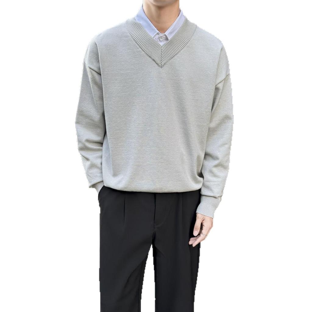 Unisex Retro V-Neck Sweater - Two-Piece Look, Autumn/Winter Style